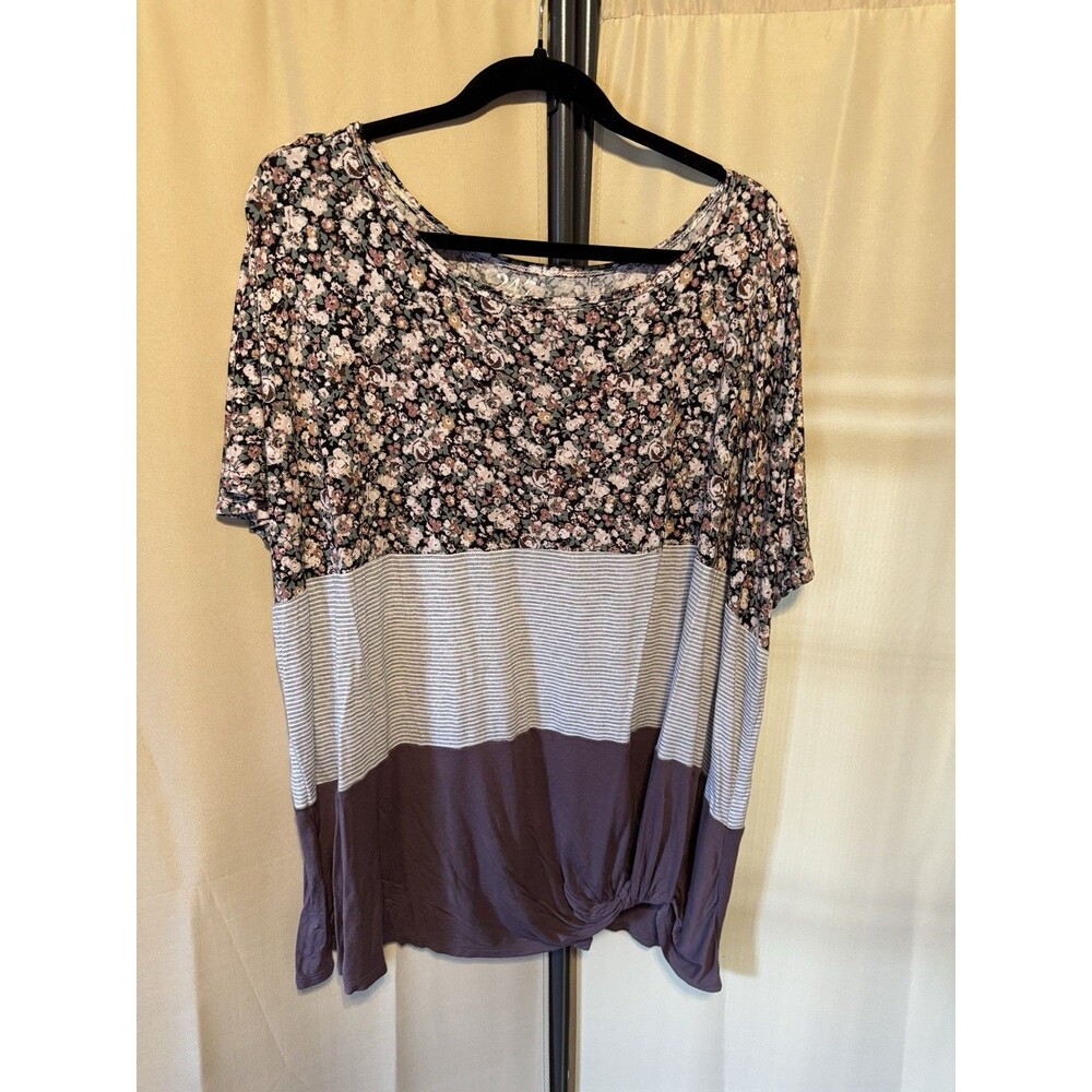Maurices 24/7 Top Women Plus 3X Purple Floral Gray Stripe Colorblock Knot Front